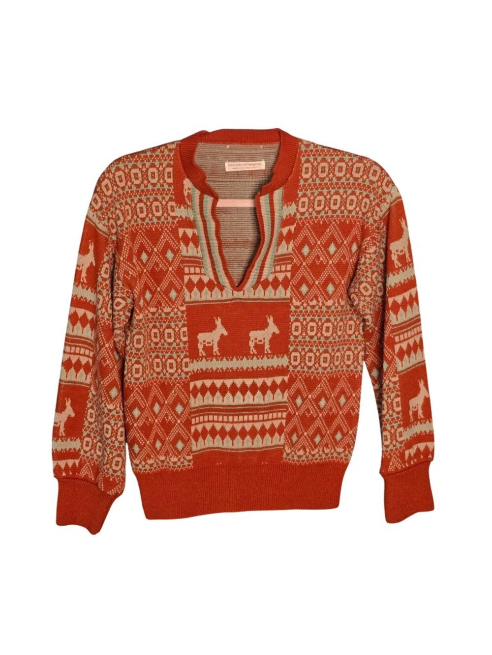 Vintage 70s Orlon Wintuk Fair Isle Donkey Knit Sweater Rust Orange Medium